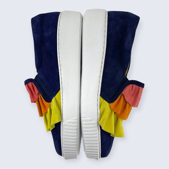 Sesto Meucci Navy Blue Multicolored Suede Tiered Ruffle Flat Loafers 6 or 36 - Picture 6 of 9